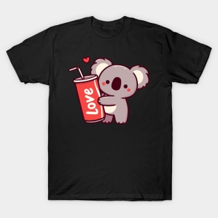 Cute koala holding a soda can and drinking a cola, koala bear art with a heart, koala lover T-Shirt